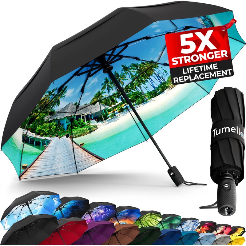 TUMELLA Strongest Windproof Travel Umbrella (Compact  Superior & Beautiful)  Small Strong but Light Portable and Automatic Folding Rain Umbrella  Durable Premium Grip  Fits Car & Backpack - Image 1